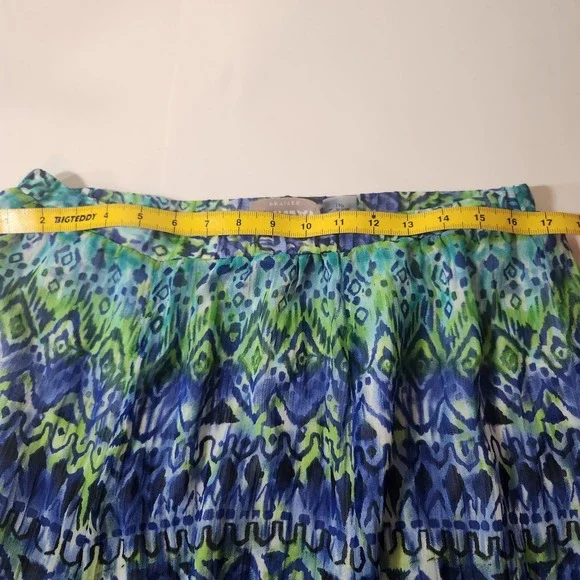 Tanjay Petites Blue Green Ikat Print Crinkle Maxi Skirt 14P Boho Tiered Lined - Picture 6 of 7